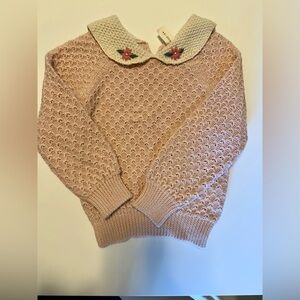 Girls' Blush Pink Knit Sweater with Embroidered Collar